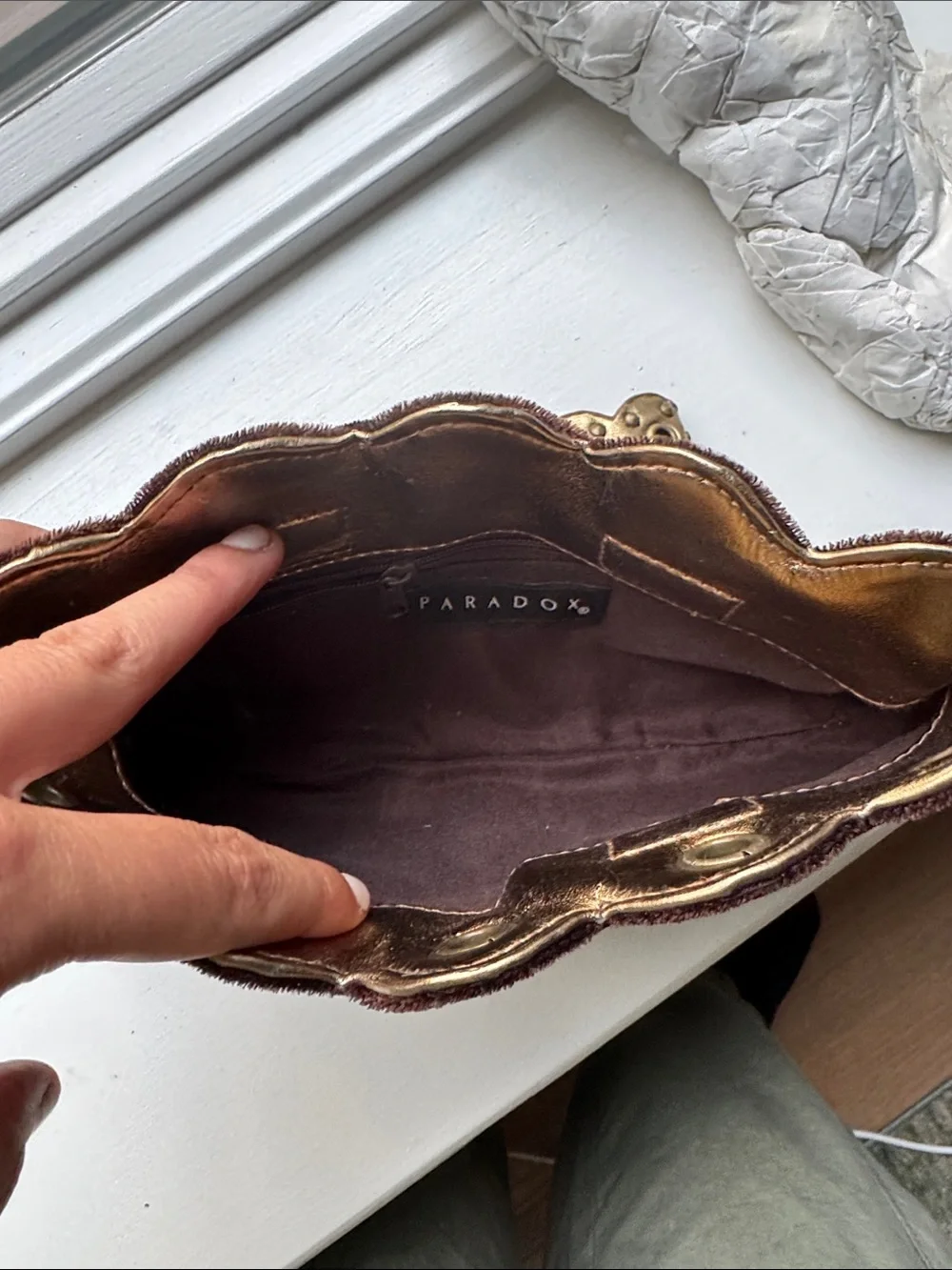 Paradox Brown Velvet Studded Clutch with Gold Accents